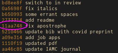 snippet of output from <code>git log --oneline</code>
